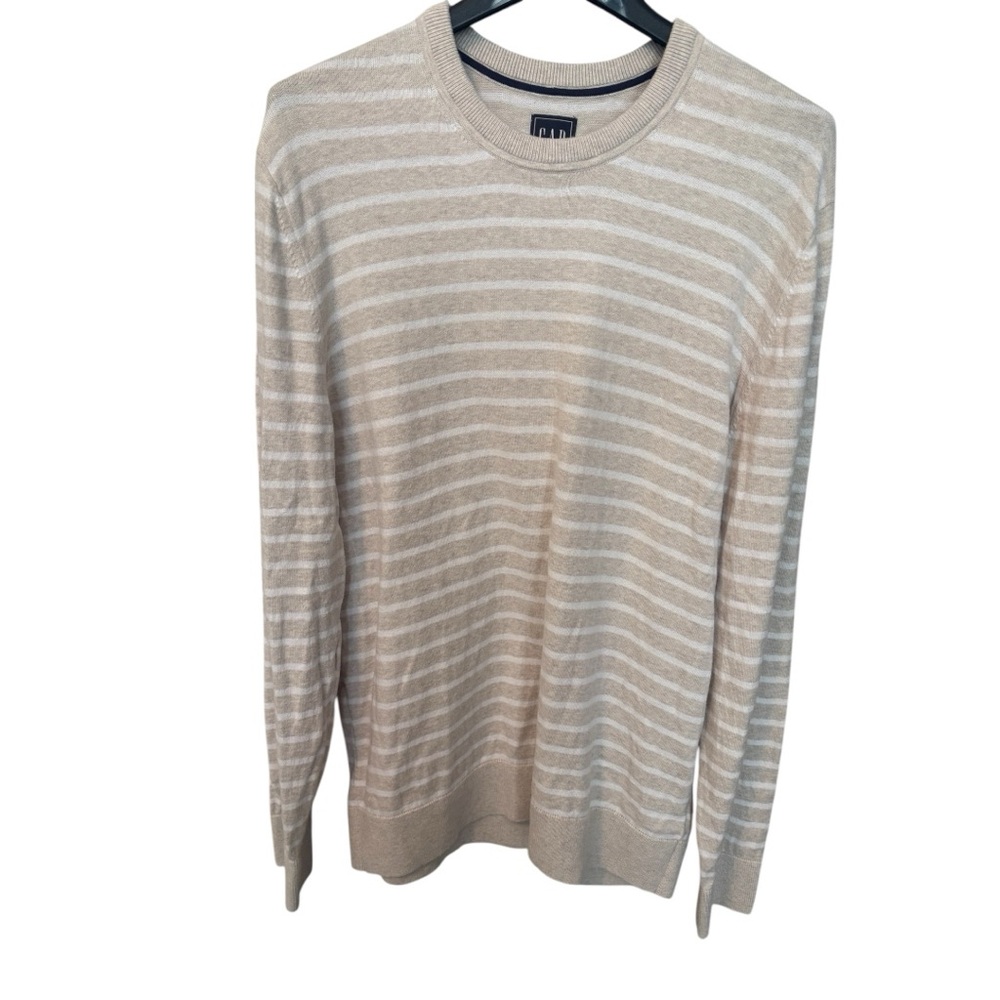 GAP Beige and White Striped Crewneck Lightweight Mens Sweater - Size‎ Large